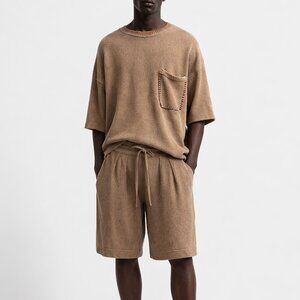 ZARA KNIT VISCOSE T-SHIRT & SHORTS SET RELAXED FIT BEIGE TAN NWT SIZE M/L